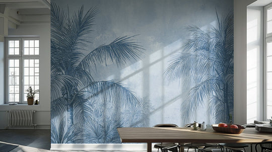 Terra palmera en bleu – Papier peint panoramique exotique bleu azur - Illulart: Papier peint panoramique