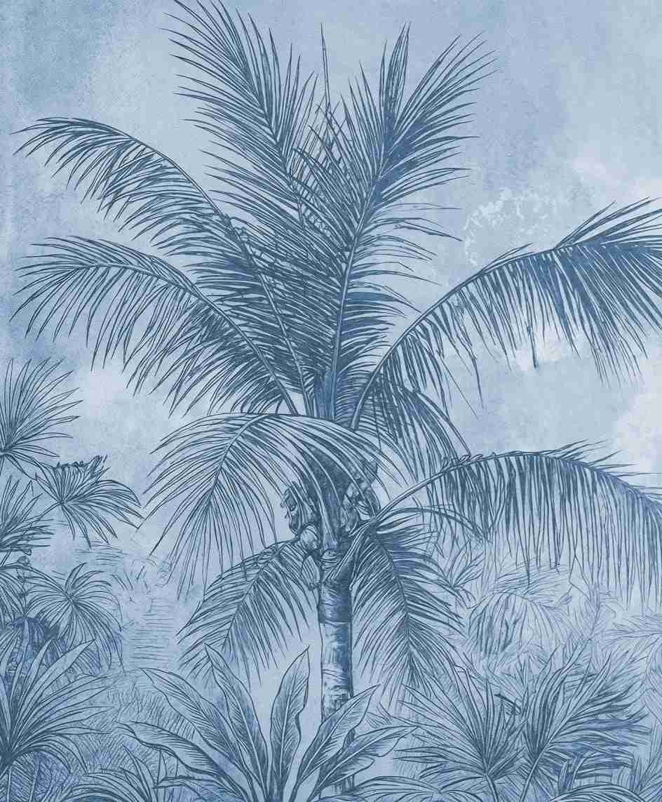 Terra palmera en bleu – Papier peint panoramique exotique bleu azur - Illulart: Papier peint panoramique