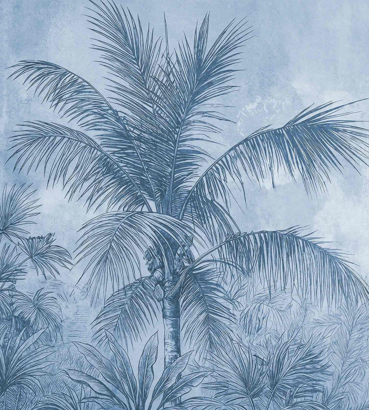 Terra palmera en bleu – Papier peint panoramique exotique bleu azur