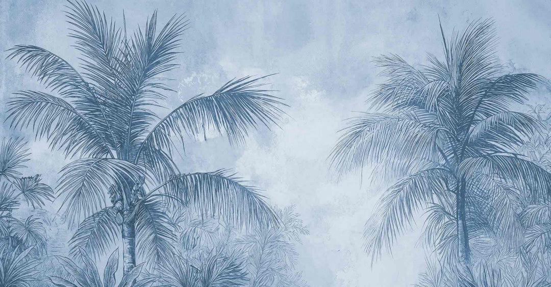 Terra palmera en bleu – Papier peint panoramique exotique bleu azur - Illulart: Papier peint panoramique