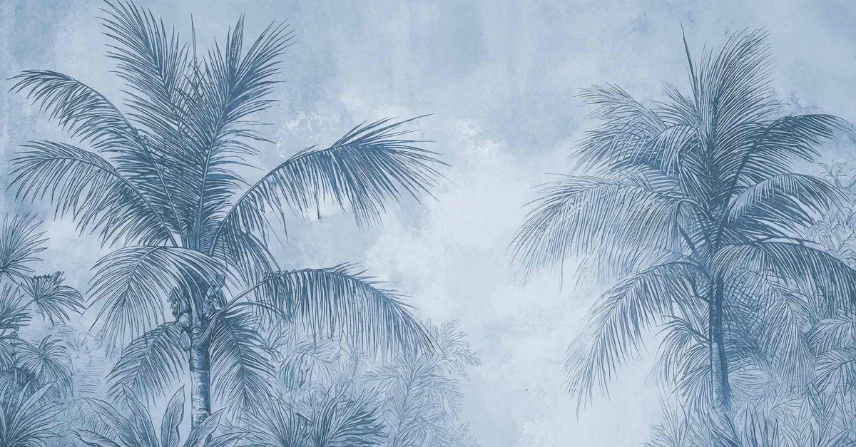 Terra palmera en bleu – Papier peint panoramique exotique bleu azur