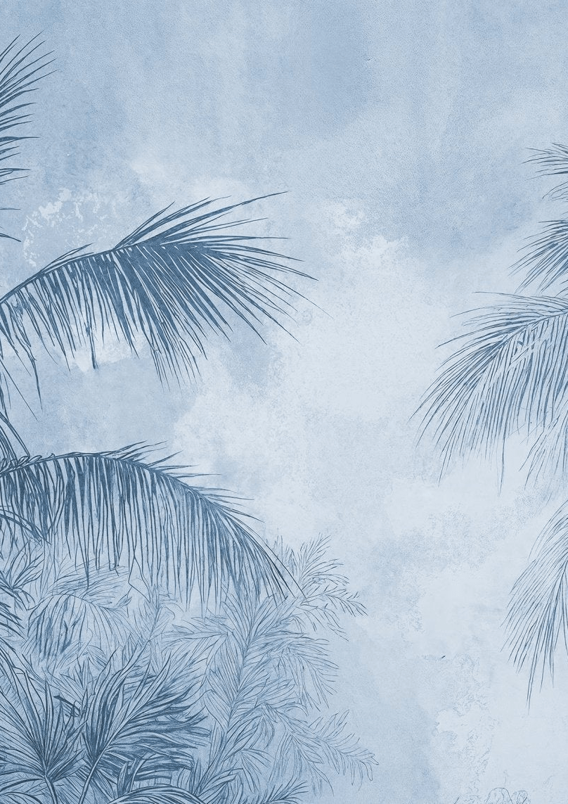 Terra palmera en bleu – Papier peint panoramique exotique bleu azur - Illulart: Papier peint panoramique