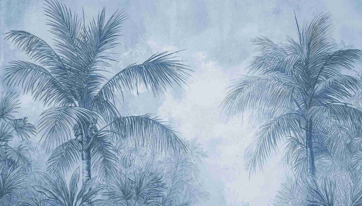 Terra palmera en bleu – Papier peint panoramique exotique bleu azur