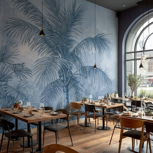 Terra palmera en bleu – Papier peint panoramique exotique bleu azur - Illulart: Papier peint panoramique