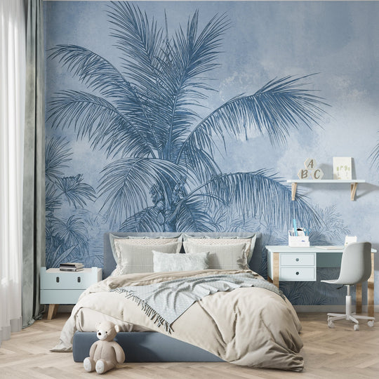 Terra palmera en bleu – Papier peint panoramique exotique bleu azur - Illulart: Papier peint panoramique