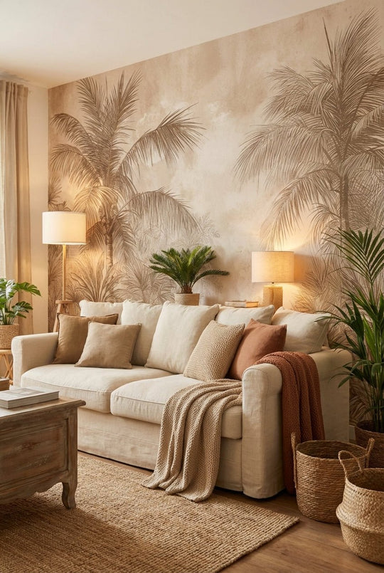 Terra Palmera – papier peint tropical aux tons sépia naturels - Illulart: Papier peint panoramique