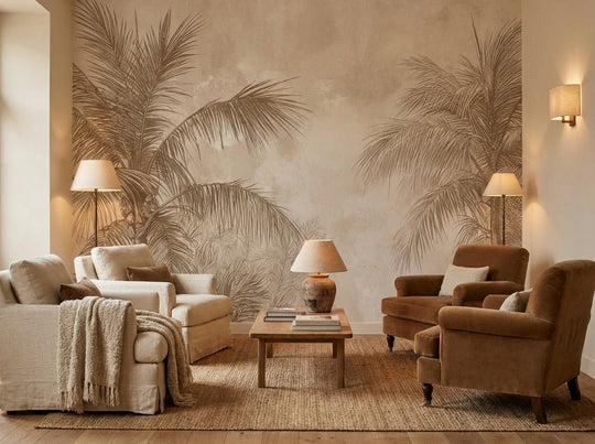Terra Palmera – papier peint tropical aux tons sépia naturels - Illulart: Papier peint panoramique