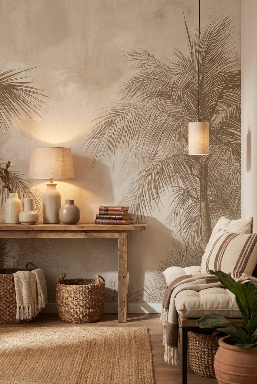 Terra Palmera – papier peint tropical aux tons sépia naturels - Illulart: Papier peint panoramique