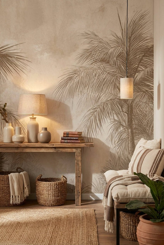 Terra Palmera – papier peint tropical aux tons sépia naturels - Illulart: Papier peint panoramique