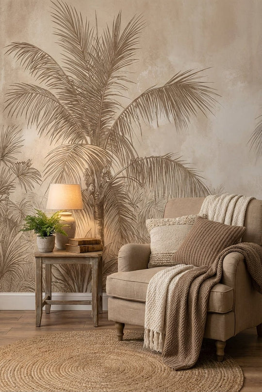 Terra Palmera – papier peint tropical aux tons sépia naturels - Illulart: Papier peint panoramique