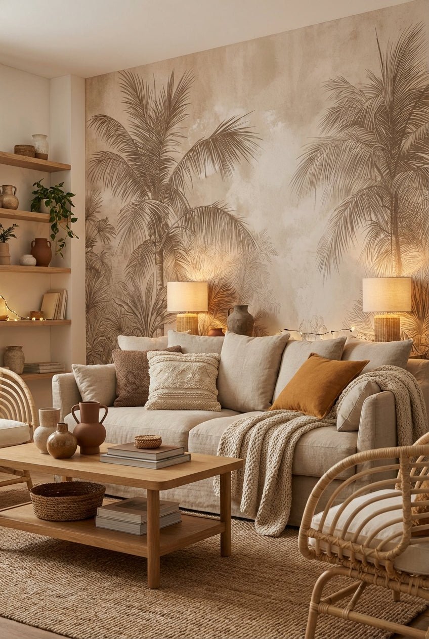 Terra Palmera – papier peint tropical aux tons sépia naturels - Illulart: Papier peint panoramique
