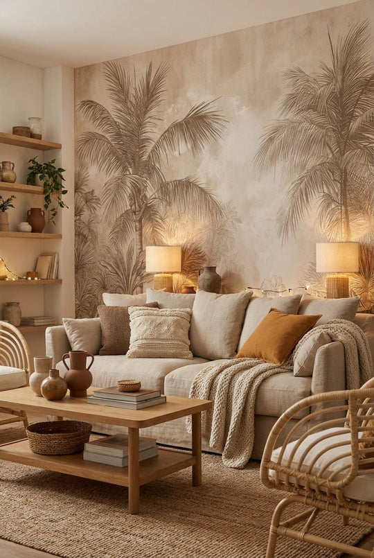 Terra Palmera – papier peint tropical aux tons sépia naturels - Illulart: Papier peint panoramique