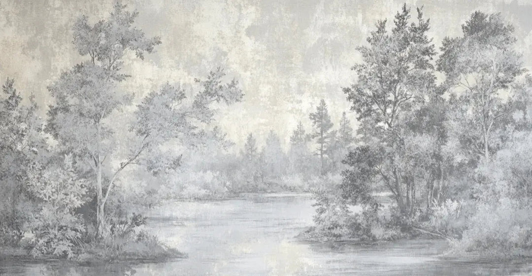 Toile de Jouy en Gris - Papier Peint Panoramique Nature Apaisante - Illulart: Papier peint panoramique