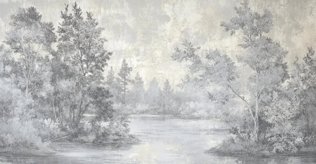 Toile de Jouy en Gris - Papier Peint Panoramique Nature Apaisante - Illulart: Papier peint panoramique