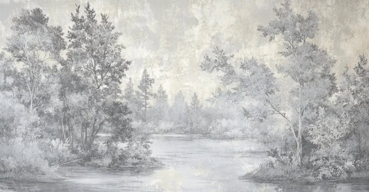 Toile de Jouy en Gris - Papier Peint Panoramique Nature Apaisante - Illulart: Papier peint panoramique