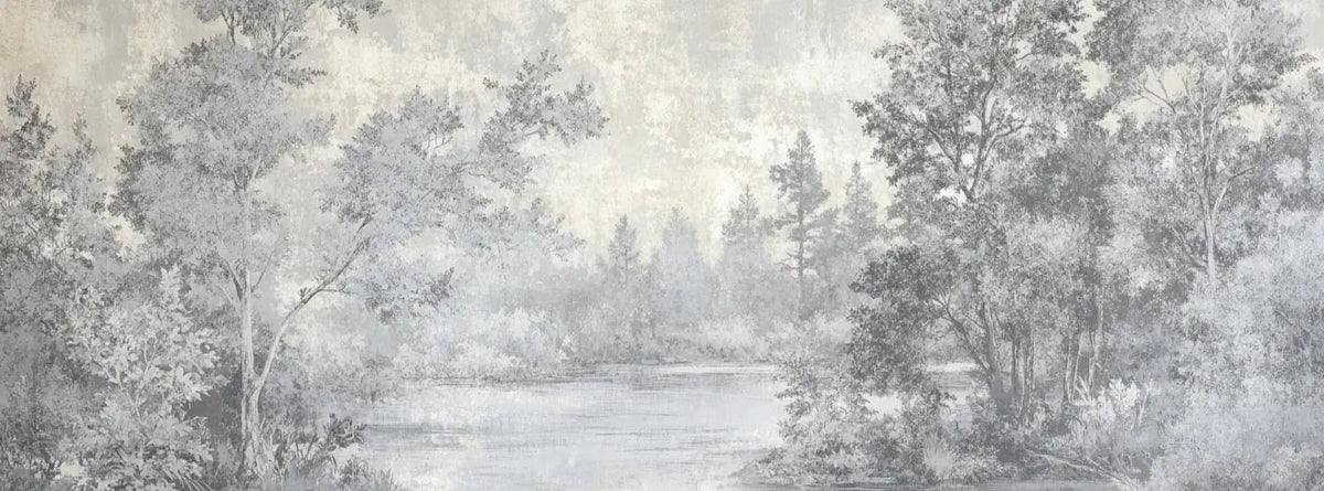 Toile de Jouy en Gris - Papier Peint Panoramique Nature Apaisante