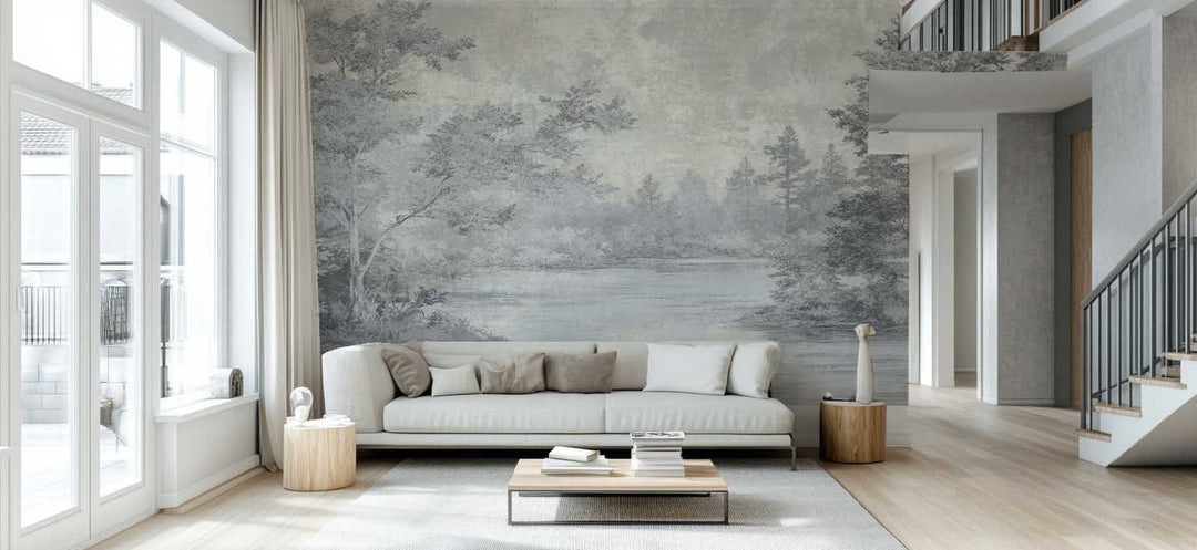 Toile de Jouy en Gris - Papier Peint Panoramique Nature Apaisante - Illulart: Papier peint panoramique