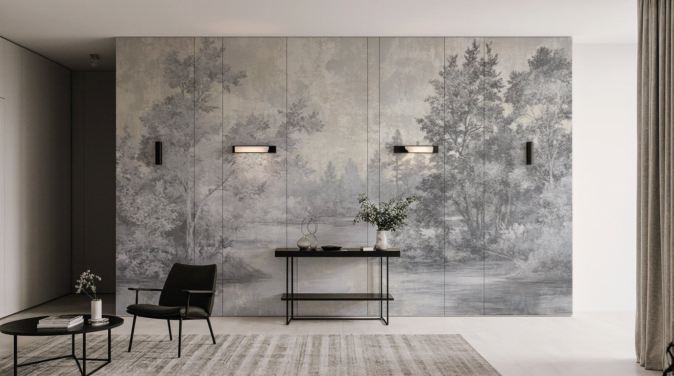 Toile de Jouy en Gris - Papier Peint Panoramique Nature Apaisante - Illulart: Papier peint panoramique