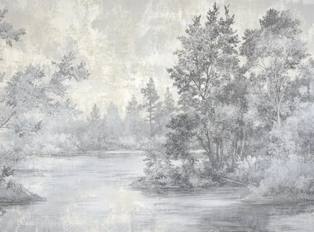 Toile de Jouy en Gris - Papier Peint Panoramique Nature Apaisante