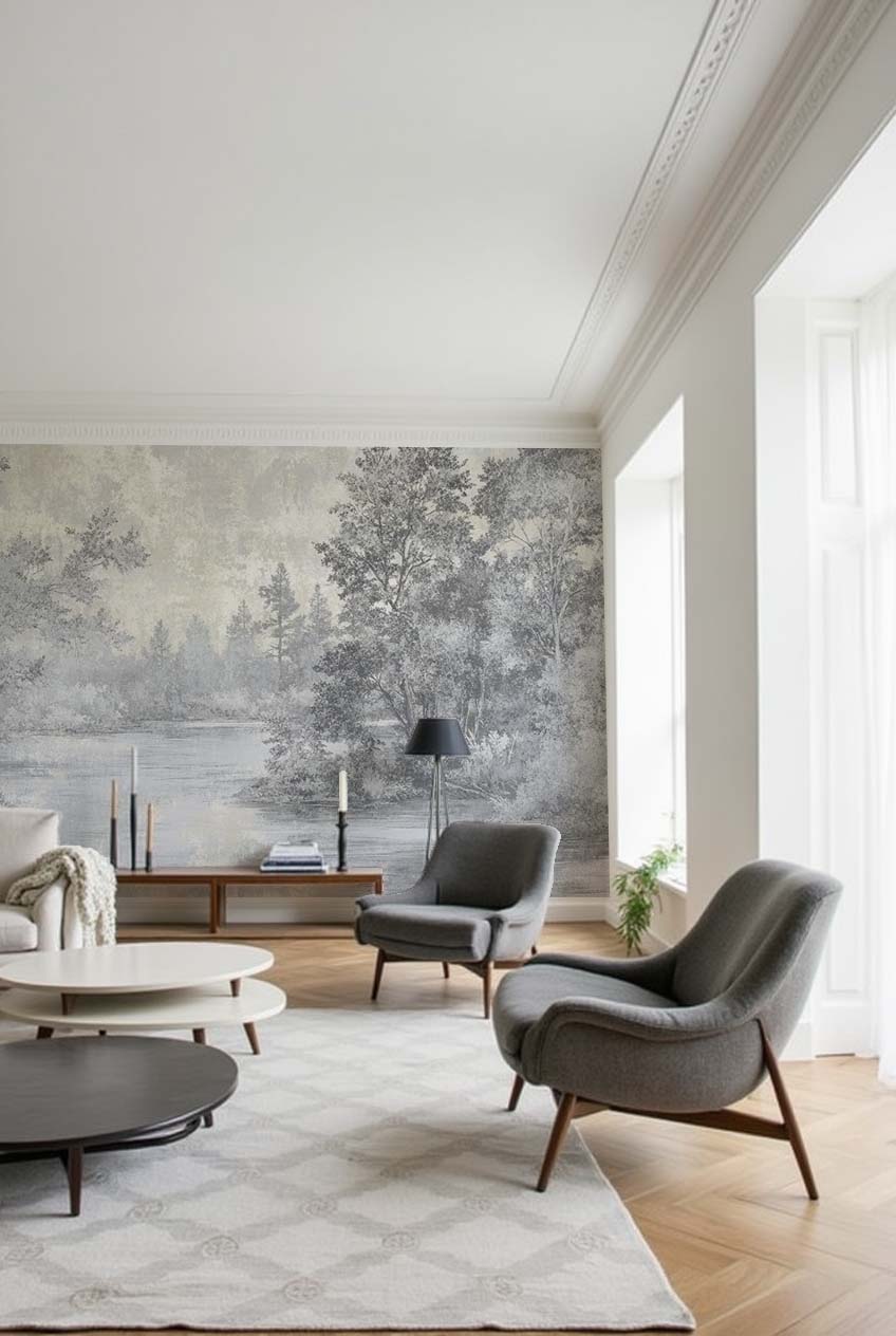 Toile de Jouy en Gris - Papier Peint Panoramique Nature Apaisante - Illulart: Papier peint panoramique