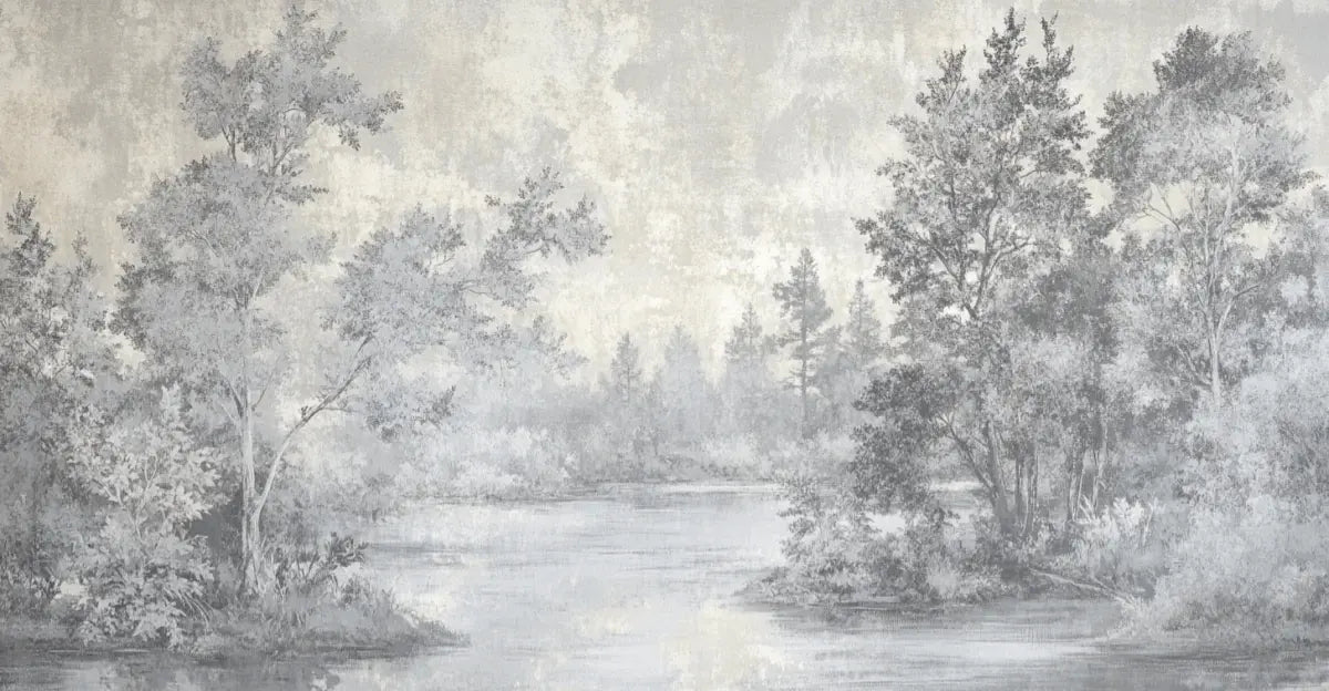 Toile de Jouy en Gris - Papier Peint Panoramique Nature Apaisante - Illulart: Papier peint panoramique