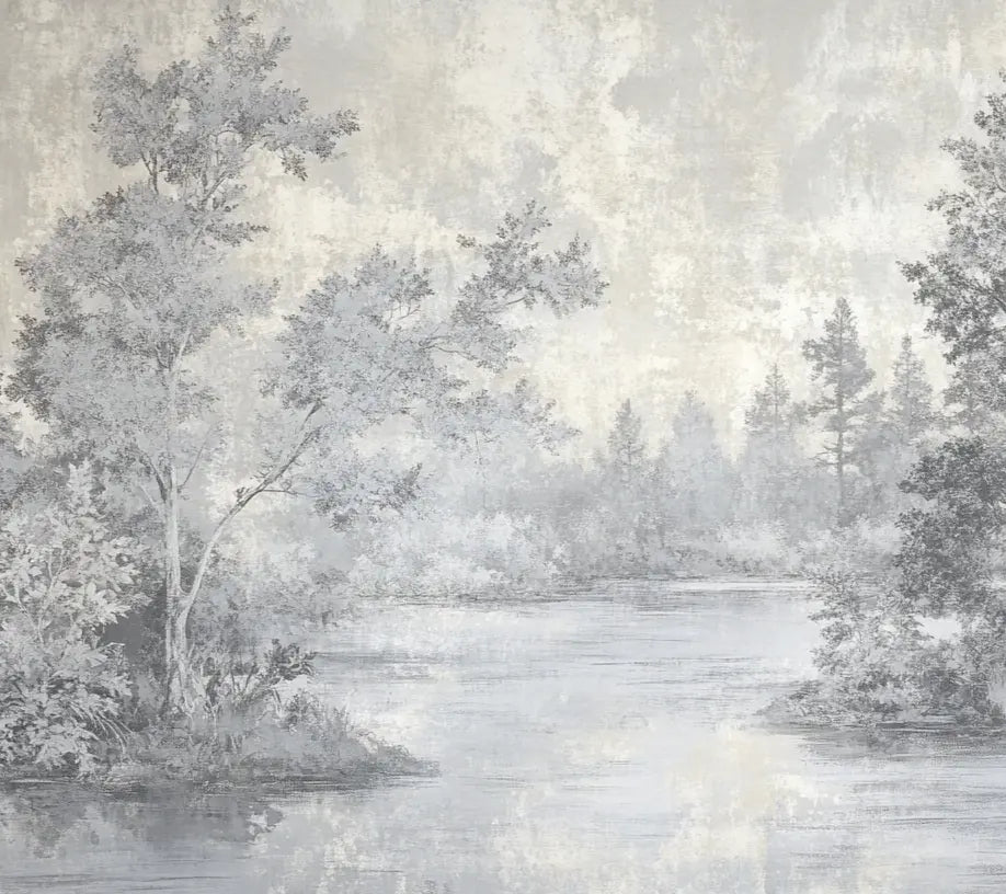 Toile de Jouy en Gris - Papier Peint Panoramique Nature Apaisante