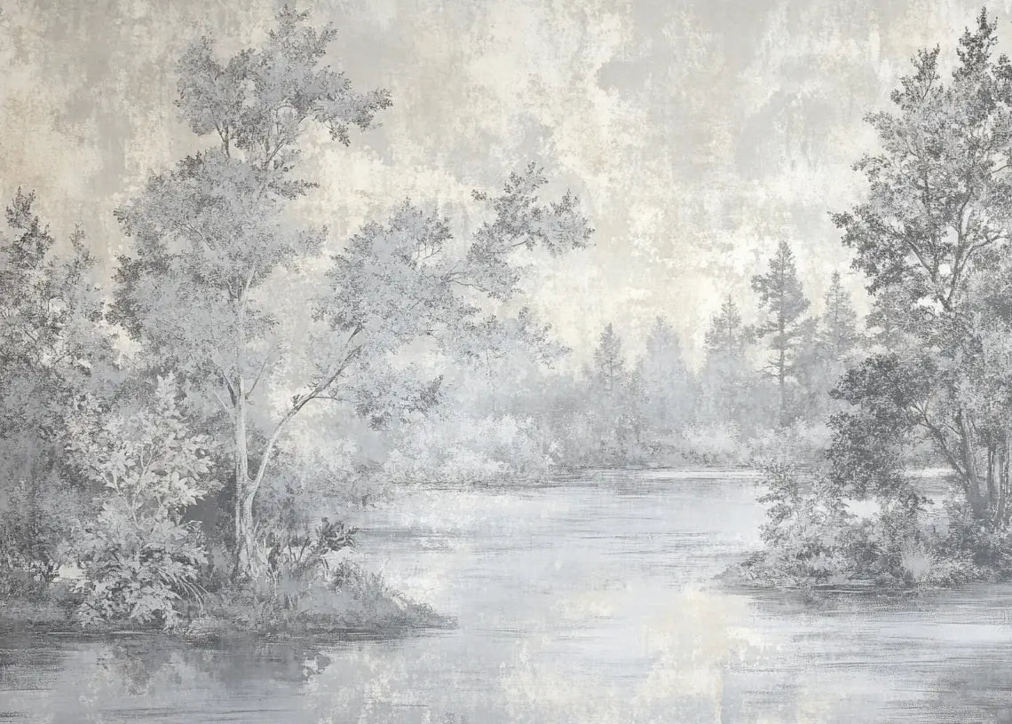 Toile de Jouy en Gris - Papier Peint Panoramique Nature Apaisante