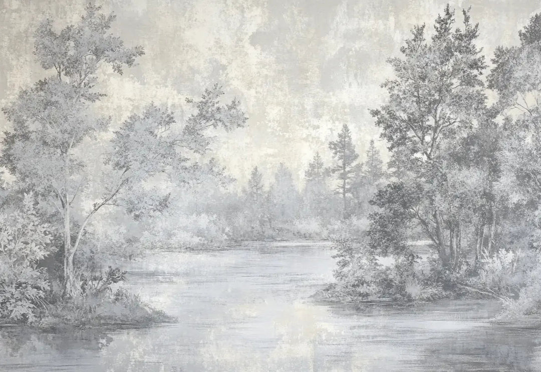 Toile de Jouy en Gris - Papier Peint Panoramique Nature Apaisante - Illulart: Papier peint panoramique