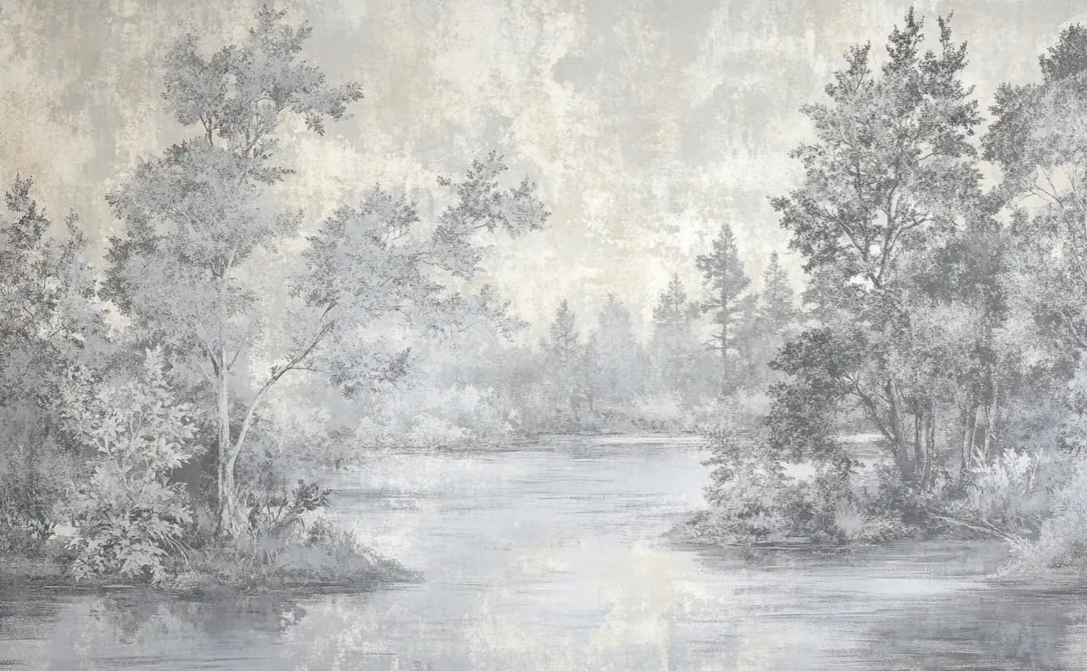 Toile de Jouy en Gris - Papier Peint Panoramique Nature Apaisante - Illulart: Papier peint panoramique