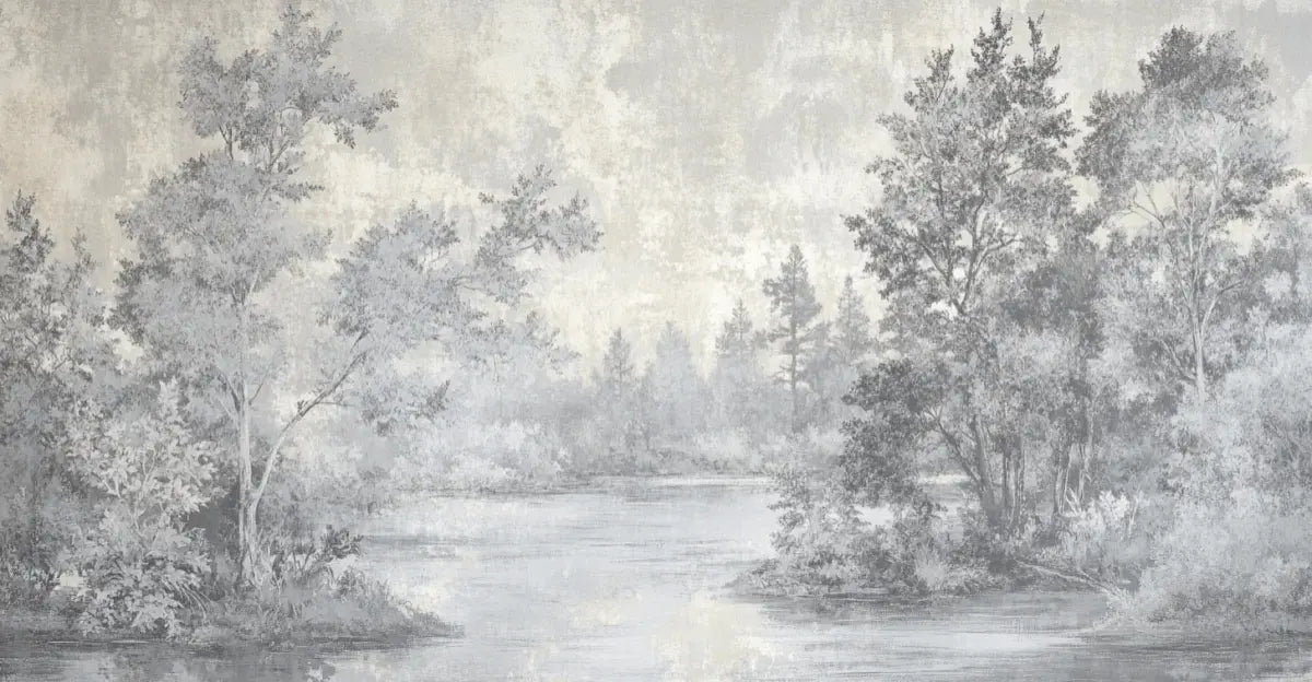 Toile de Jouy en Gris - Papier Peint Panoramique Nature Apaisante - Illulart: Papier peint panoramique