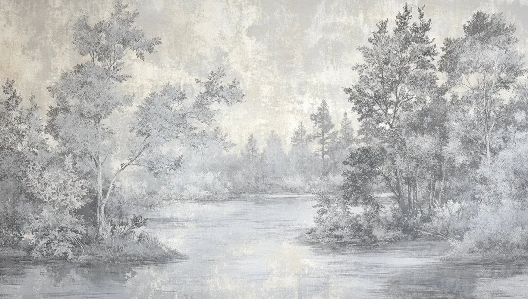 Toile de Jouy en Gris - Papier Peint Panoramique Nature Apaisante - Illulart: Papier peint panoramique