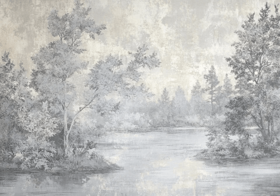 Toile de Jouy en Gris - Papier Peint Panoramique Nature Apaisante - Illulart: Papier peint panoramique