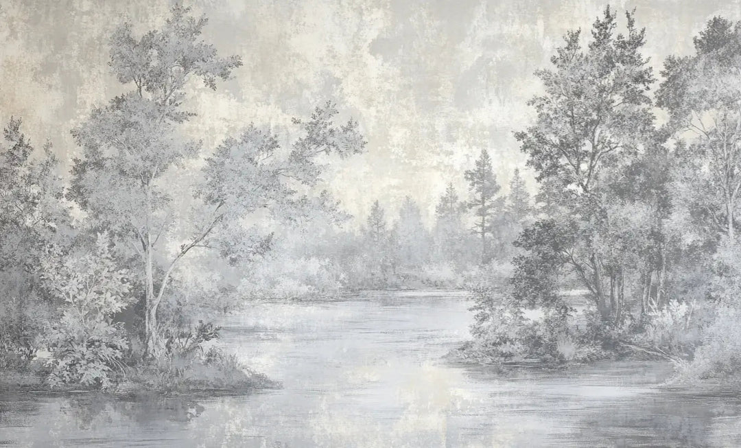 Toile de Jouy en Gris - Papier Peint Panoramique Nature Apaisante - Illulart: Papier peint panoramique