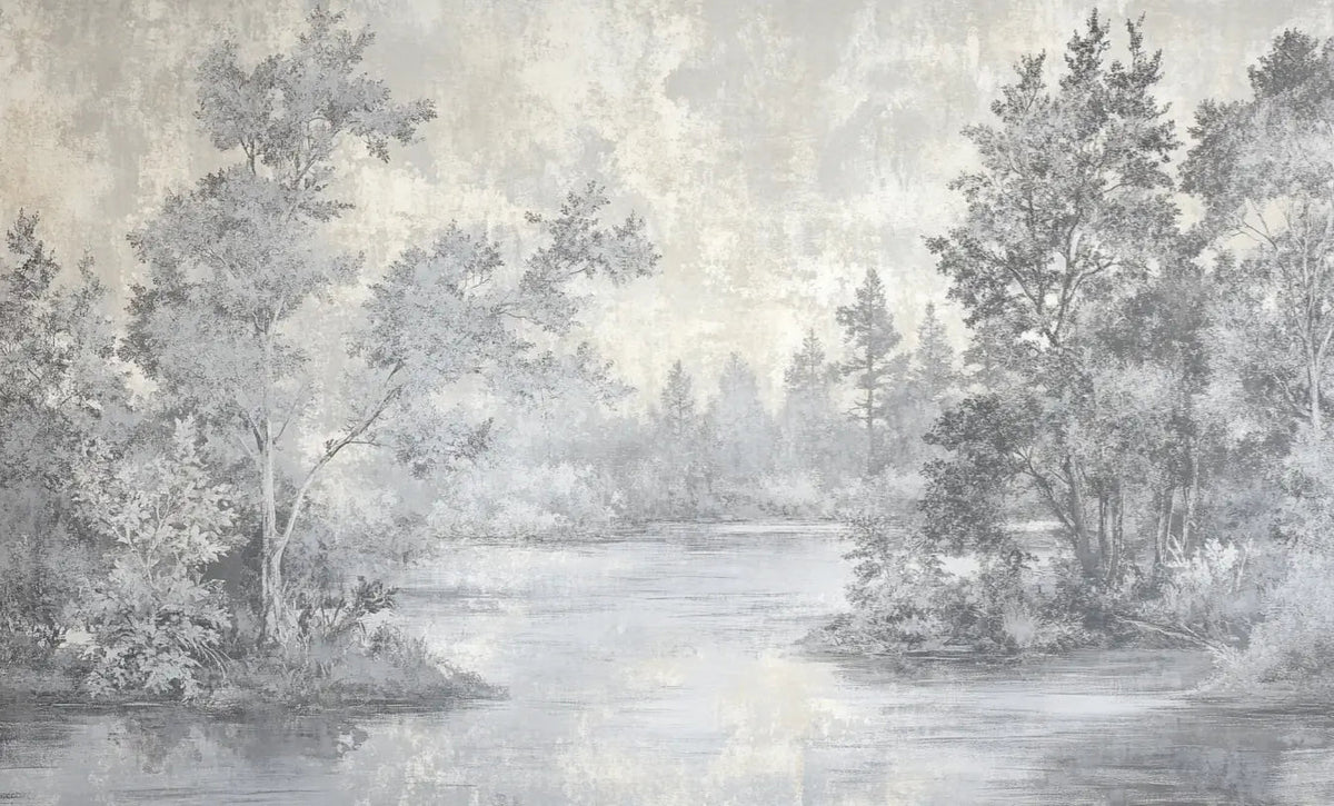 Toile de Jouy en Gris - Papier Peint Panoramique Nature Apaisante