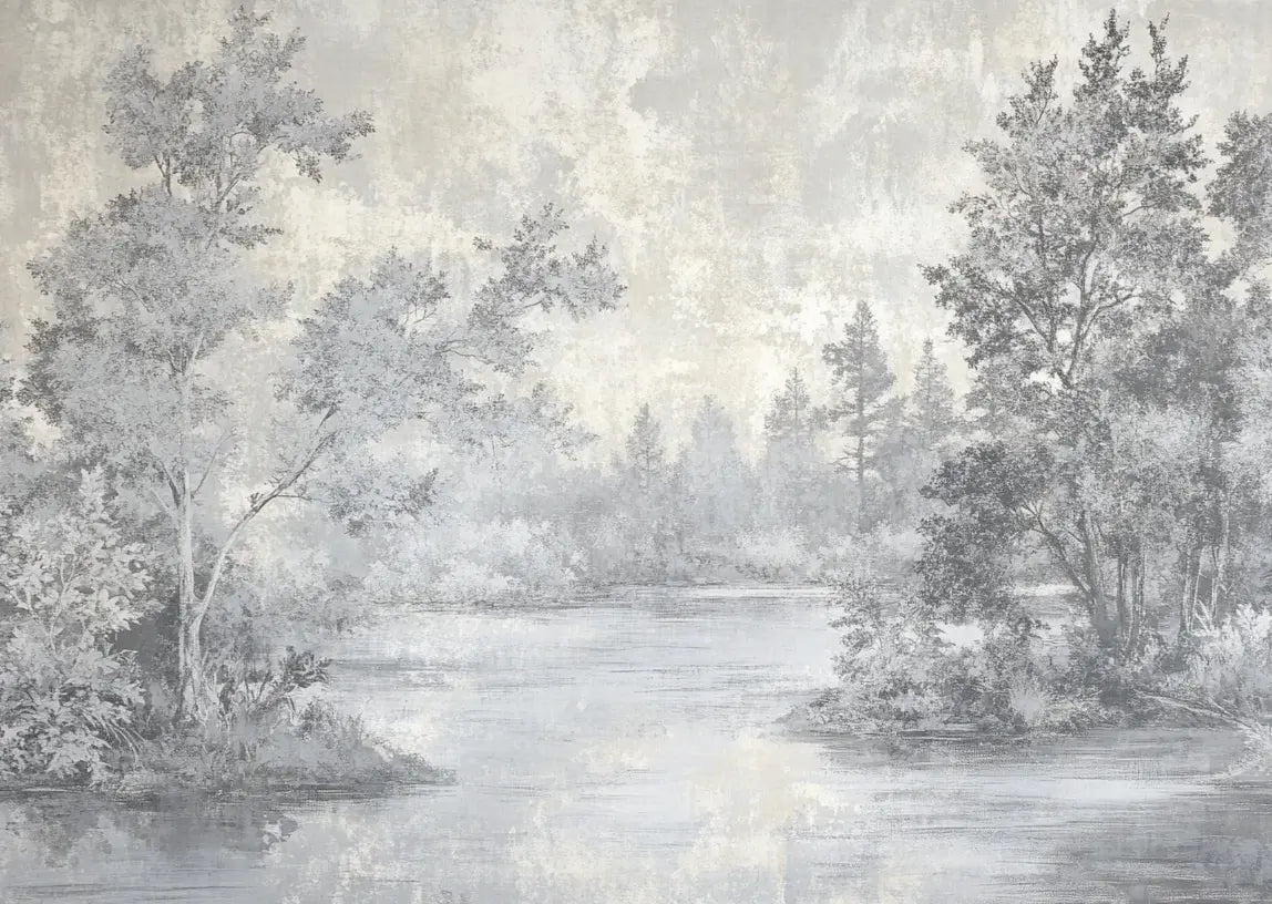 Toile de Jouy en Gris - Papier Peint Panoramique Nature Apaisante