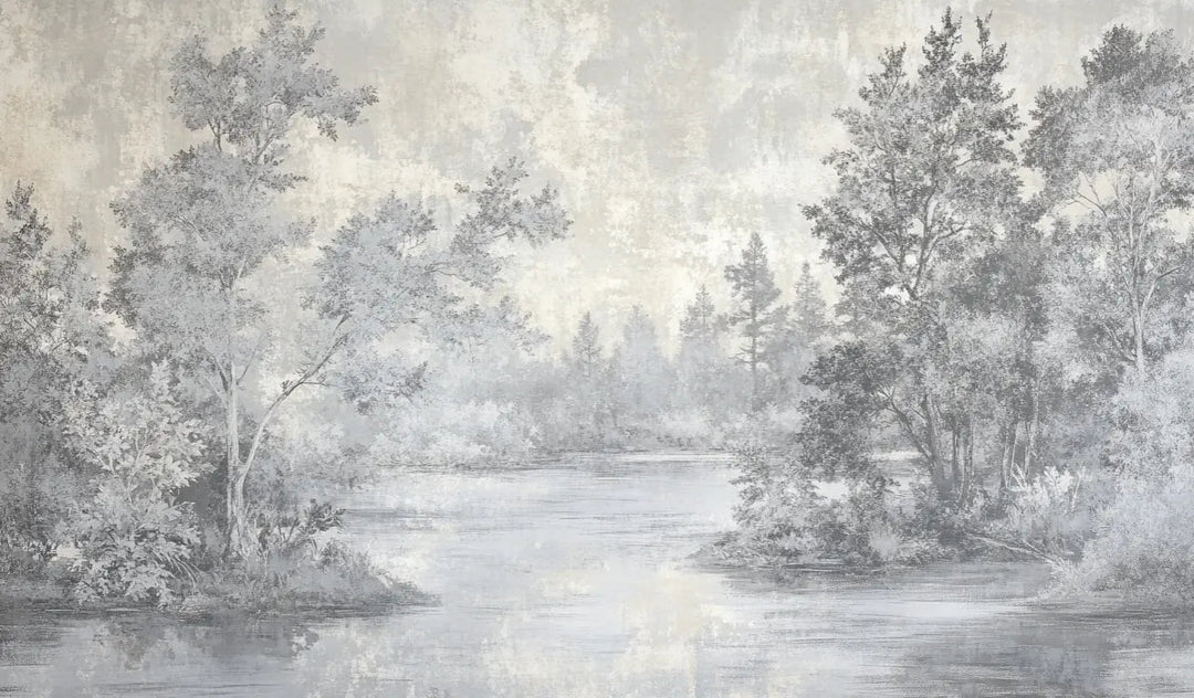 Toile de Jouy en Gris - Papier Peint Panoramique Nature Apaisante - Illulart: Papier peint panoramique