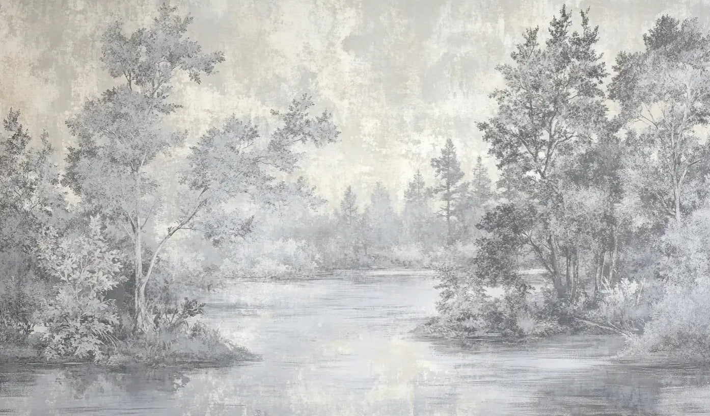 Toile de Jouy en Gris - Papier Peint Panoramique Nature Apaisante