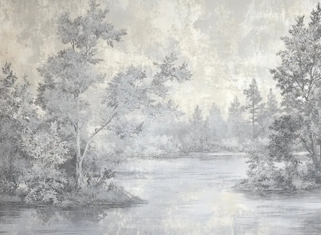 Toile de Jouy en Gris - Papier Peint Panoramique Nature Apaisante - Illulart: Papier peint panoramique