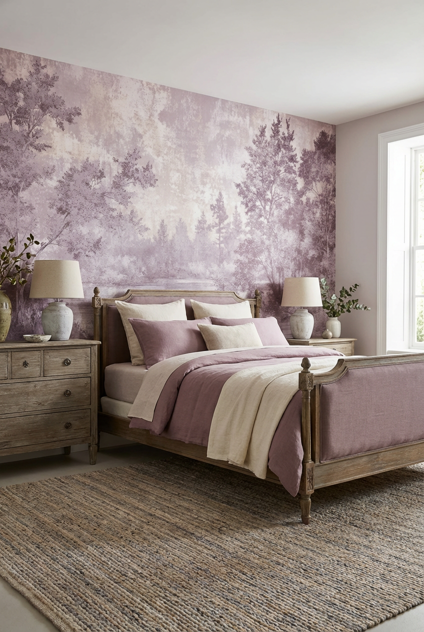 Papier peint panoramique paysage romantique rose style Toile de Jouy avec arbres et étendue d’eau