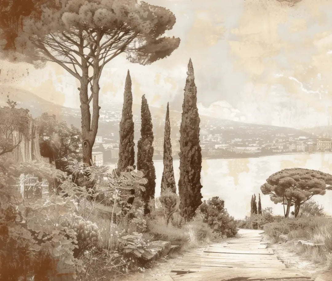 Tradition des Cyprès: Élégance Murale Panoramique Vintage - Illulart: Papier peint panoramique