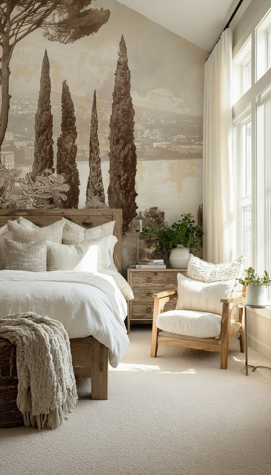 Tradition des Cyprès: Élégance Murale Panoramique Vintage - Illulart: Papier peint panoramique