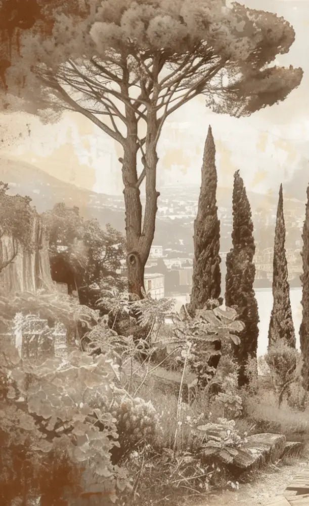Tradition des Cyprès: Élégance Murale Panoramique Vintage - Illulart: Papier peint panoramique