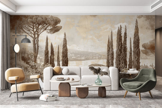 Tradition des Cyprès: Élégance Murale Panoramique Vintage - Illulart: Papier peint panoramique