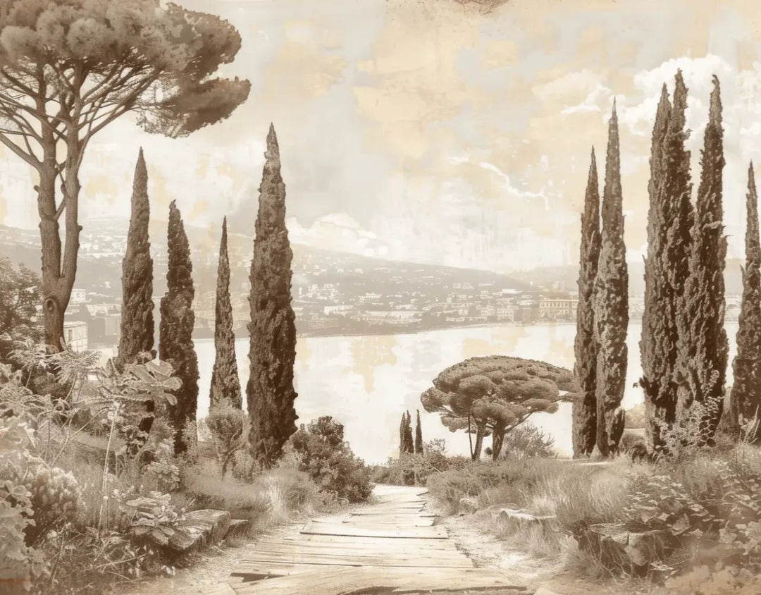 Tradition des Cyprès: Élégance Murale Panoramique Vintage - Illulart: Papier peint panoramique