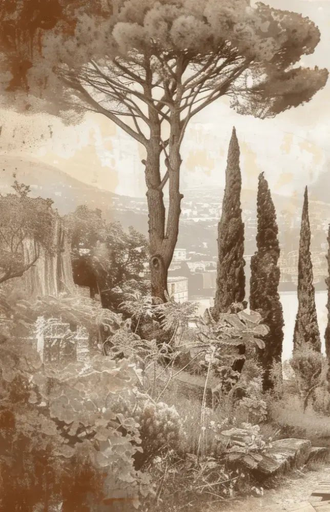 Tradition des Cyprès: Élégance Murale Panoramique Vintage - Illulart: Papier peint panoramique