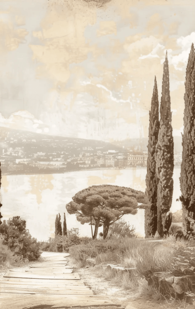 Tradition des Cyprès: Élégance Murale Panoramique Vintage - Illulart: Papier peint panoramique