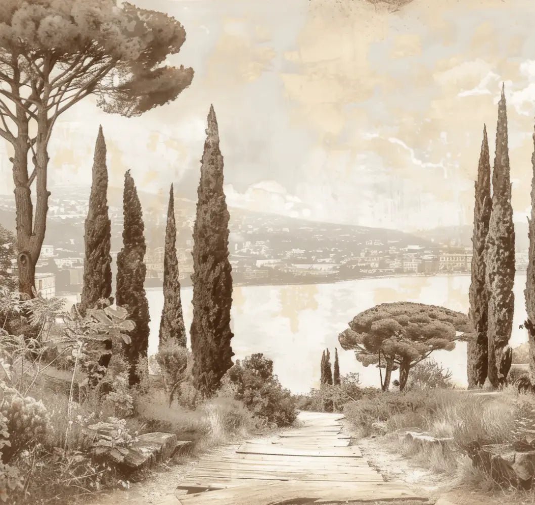 Tradition des Cyprès: Élégance Murale Panoramique Vintage - Illulart: Papier peint panoramique