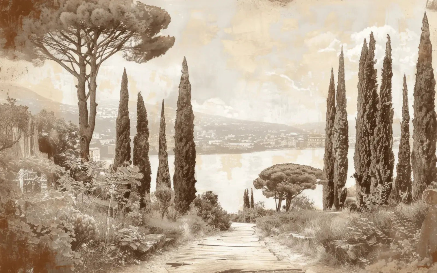 Tradition des Cyprès: Élégance Murale Panoramique Vintage - Illulart: Papier peint panoramique