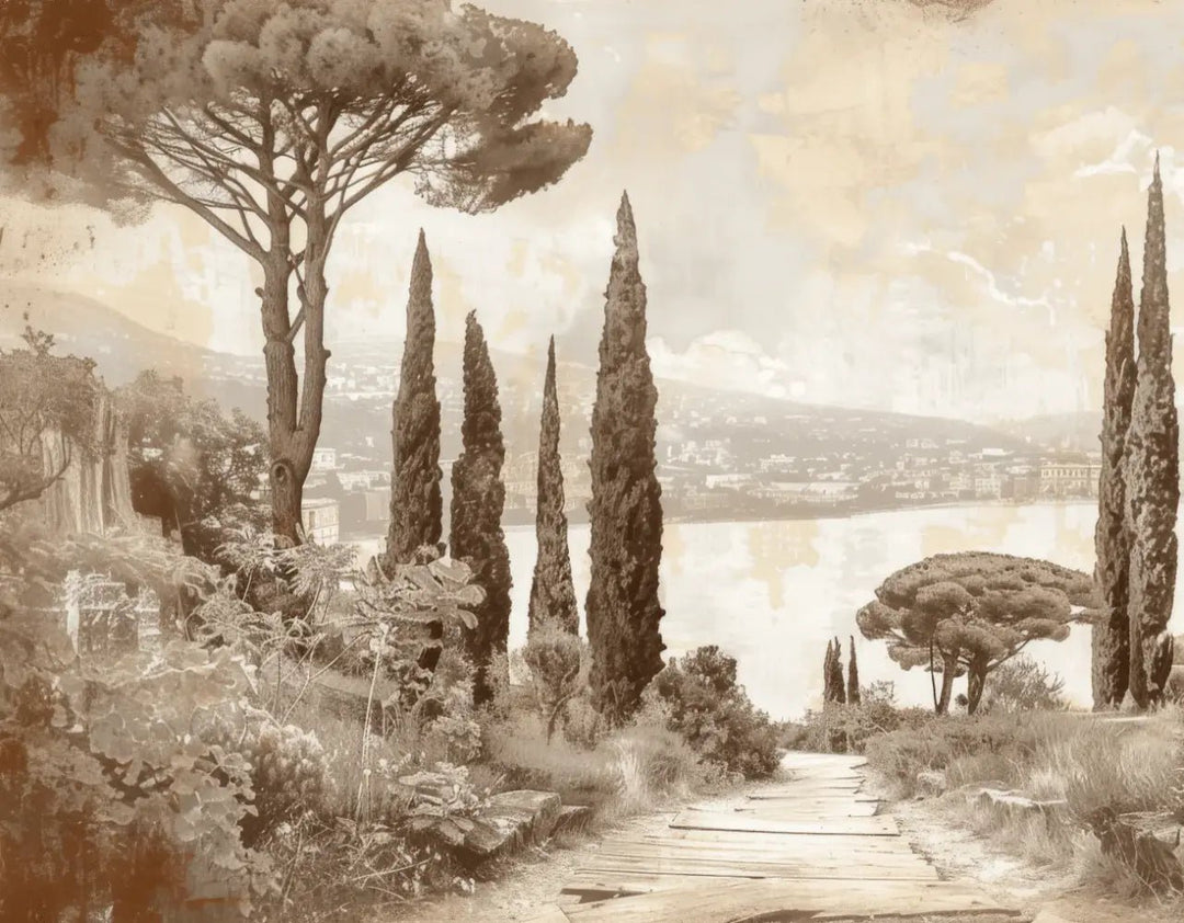 Tradition des Cyprès: Élégance Murale Panoramique Vintage - Illulart: Papier peint panoramique