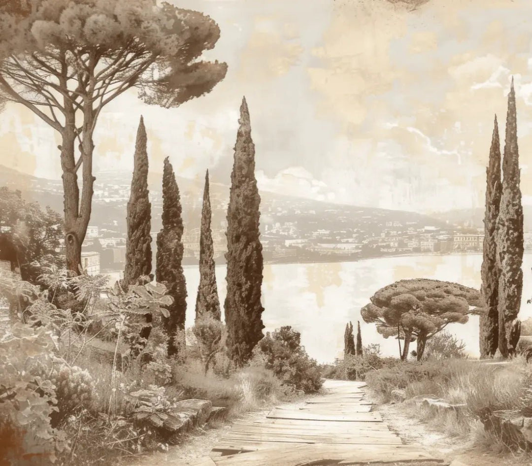 Tradition des Cyprès: Élégance Murale Panoramique Vintage - Illulart: Papier peint panoramique